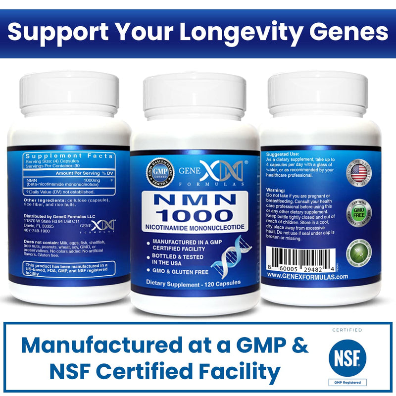 Genex Formulas NMN 1000mg Dose Stabilized Form 99% Pure Supplement 120 Caps | NMN Supplement for Cellular Energy, Increased NAD Levels, DNA Repair, and Healthy Aging, GMP Certified, 30 Day Supply 120 Count (Pack of 1)
