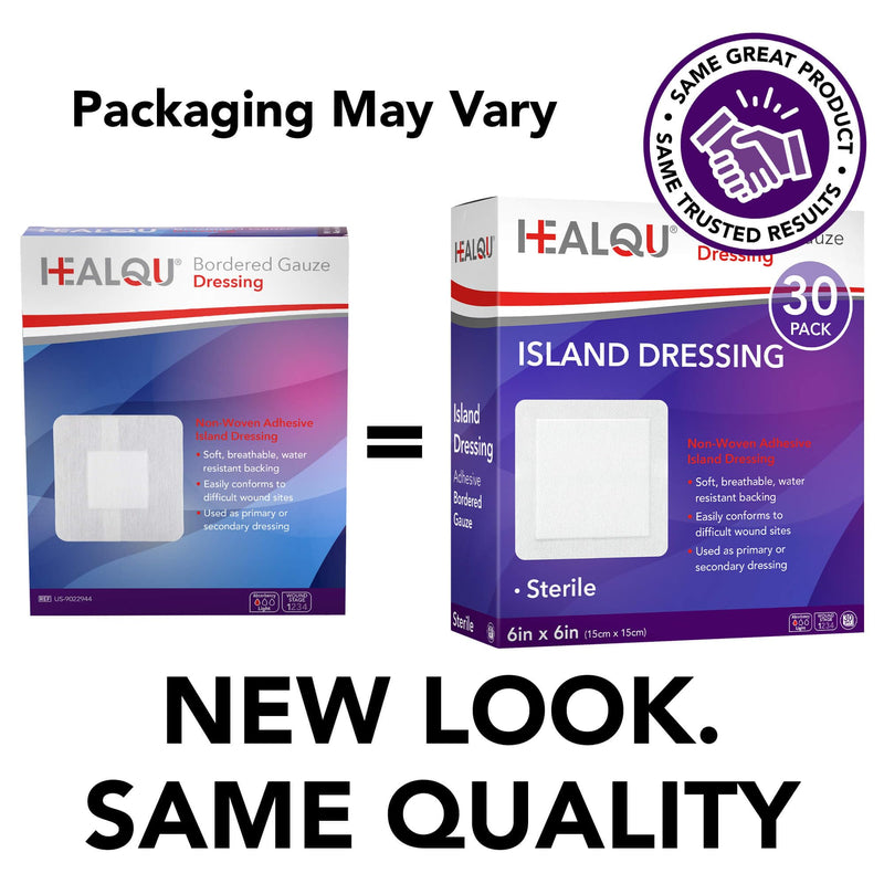 HEALQU Island Dressing - 6"x6", 30 Count - Bordered Gauze Sterile Individually Wrapped Gauze Pads, Water-Resistant, Non-Woven Backing - Soft and Breathable Wound Dressing for First Aid and Medical 6x6" (30 Pack)