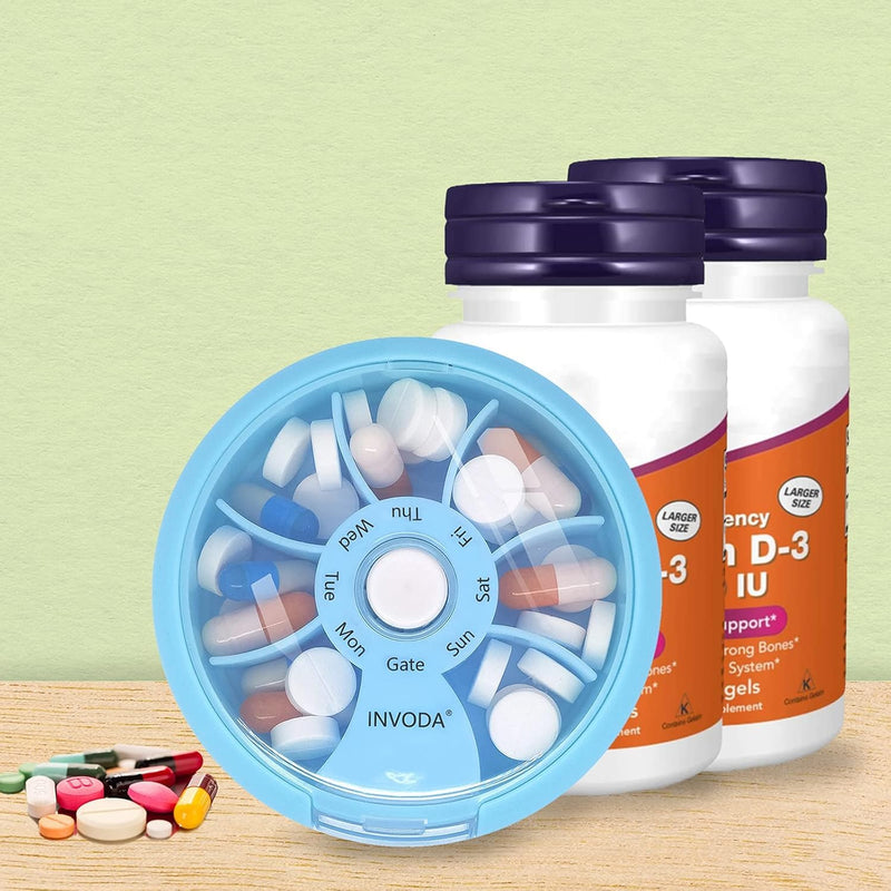 2PCS Portable Mini 7 Day Weekly Circular Shape Rotary Pill Storage Case Box | Small Pill Case Cute Pill Box 1 Time A Day for Pills Medication Supplements Vitamin Blue 2pcs