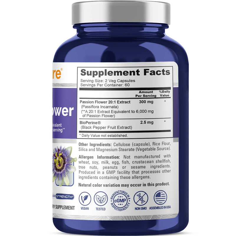 NusaPure Passion Flower 20:1 Extract, 300 mg Equivalent to 6,000mg, 120 Veggie Caps, Non-GMO, Bioperine, Extract Supplement 120 Count (Pack of 1)