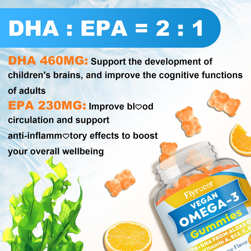 Vegan Algal Oil Omega 3 Gummies Supplement for Adults Sugar Free, 120 Count | Omega 3 With DHA, EPA & 10 Essential Vitamins, Fish Oil Alternative - Support Brain, Eye & Immunity, Orange Flavor 60 Count (Pack of 2)
