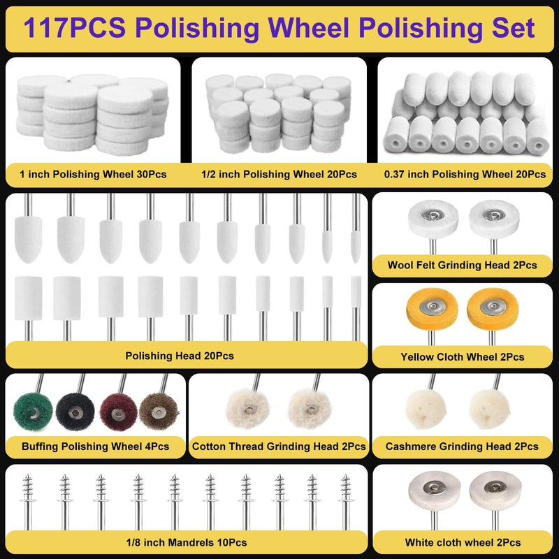 117PCS Dremel Polishing Kit, Polishing Wheel with 2 Polishing Compound，Dremel Polishing Bits for Resin,Jewelry,Metal,Watch
