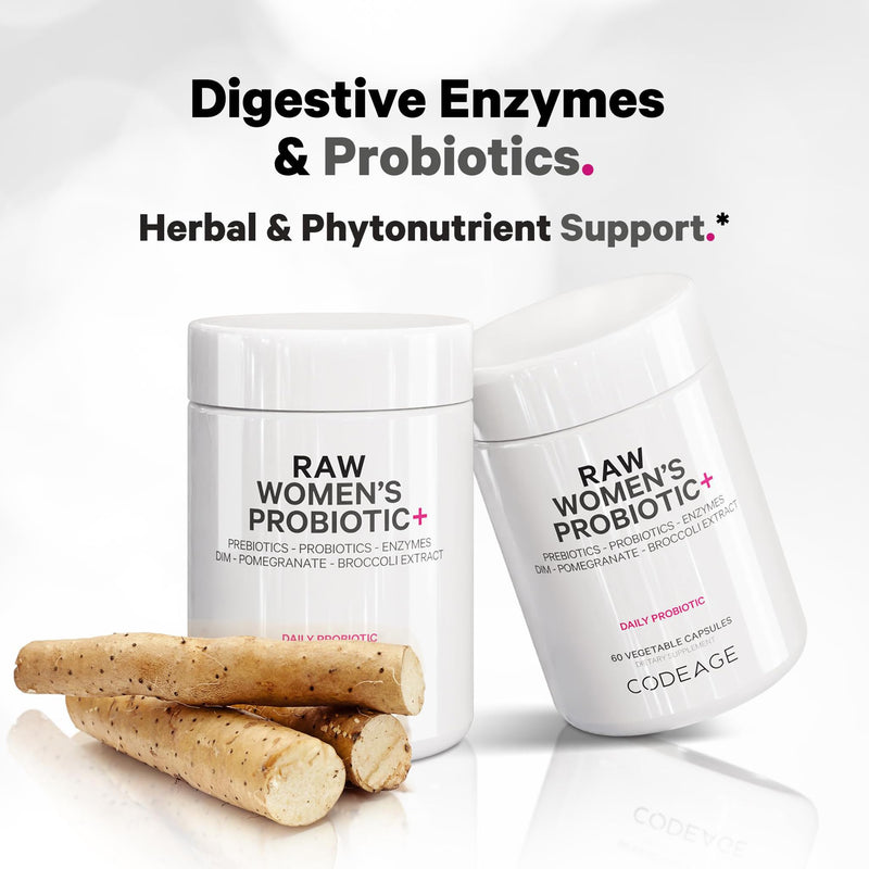 Codeage Raw Women’s Probiotic+ Supplement - 34 Probiotic Strains, 100 Billion CFUs, Digestive Enzymes, Prebiotic Blend, DIM, Herbal Extracts, Phytonutrients - Non-GMO - 60 Capsules