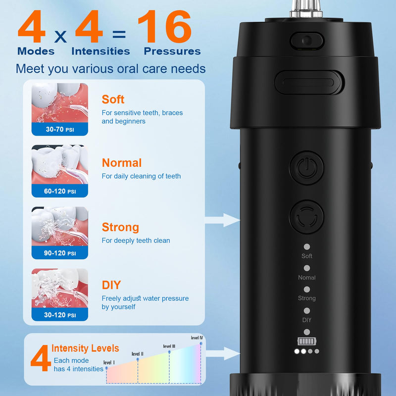 2026 New Portable Water Flosser for Teeth, 4 Modes & 4 Intensity Levels, Mini Small Design with Exquisite Travel Case, Removable Tank, IPX7 Waterproof, Cordless Dental Oral Irrigator (Black) Black - BeesActive Australia
