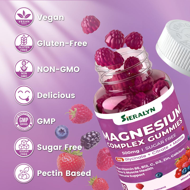 Magnesium Complex Gummies 500MG - 3-in-1 Advanced Magnesium Supplement | Vitamin D3, C, B6, B12, Zinc & Calcium - Sugar Free Magnesium Gummies for Calm, Muscle, Mood, for Women Men, Vegan 120 Count 60 Count (Pack of 2)