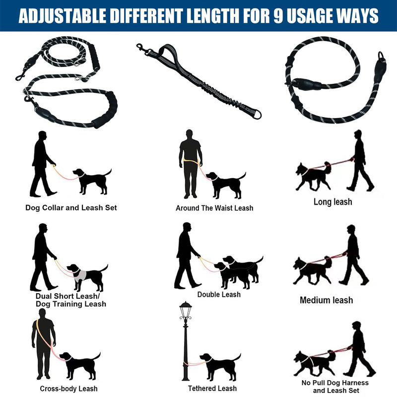 Hands Free Dog Leash Crossbody & Waist for Dog Walking, 13 ft 9-in-1 No Pull Heavy Duty Bungee Slip Lead Leash with 3 Padded Handles, Reflective & Tangle-Free for Large & Medium Dogs Black