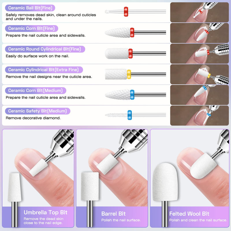30PCS Nail Drill Bits Set with Holder Case: Professional 3/32" Diamond Ceramic Carbide Nail Bits for Acrylic Gel Polish Removal,Cuticle Care & Nail Art Tool Kit for Manicure Pedicure, Salon & Home Use Purple - BeesActive Australia