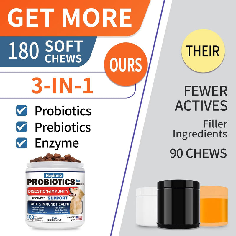 Probiotics for Dogs, Improve Yeast Balance, Itchy Skin Itchy Ears, Gut Health, Allergies, Immunity, Dog Probiotics and Digestive Enzymes with Prebiotics - Reduce Diarrhea (180 Chews, Bacon) 180 Chews