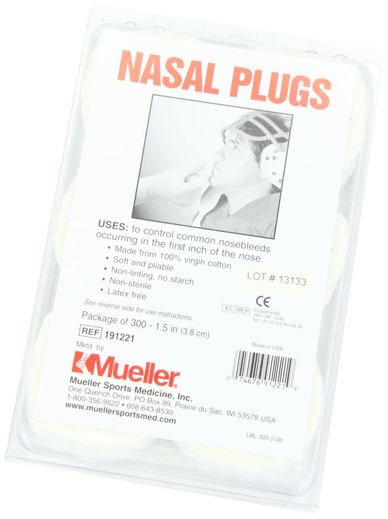 MUELLER Sports Medicine Nasal Plugs, Nose Bleed Stopper for Men and Women, First Aid Kit Medical Supplies, 100% Virgin Cotton, 300 Pieces 300 Count (Pack of 1) White - BeesActive Australia