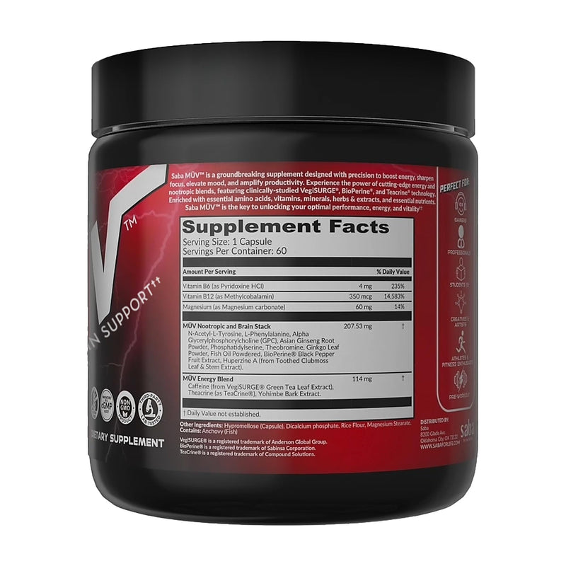 Saba MUV™ Nootropic Brain Supplement for Memory, Focus & Energy | Phosphatidylserine, VegiSurge®, Alpha GPC, Vitamins B6, B12 & Folic Acid | Mental Clarity & Brain Health Support | 60 Capsules