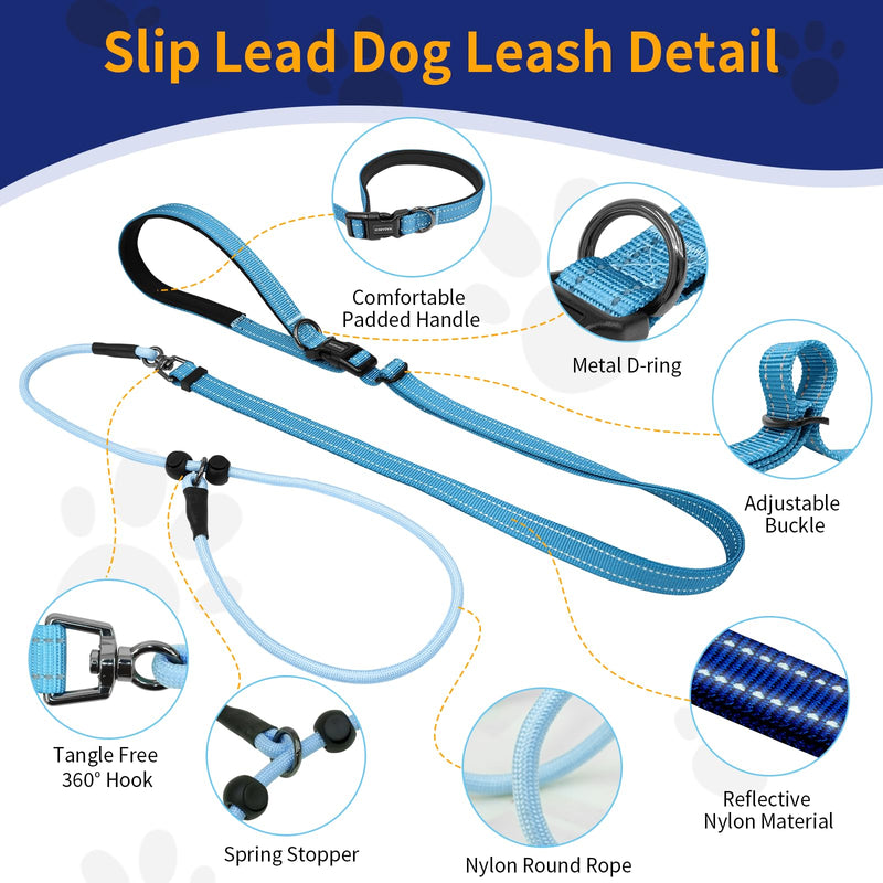 Kazazoo Slip Lead Dog Leash, Hands-Free No Pull Training Leash with Padded Handle for Medium Large Heavy Duty Dogs, Blue Light Blue - BeesActive Australia