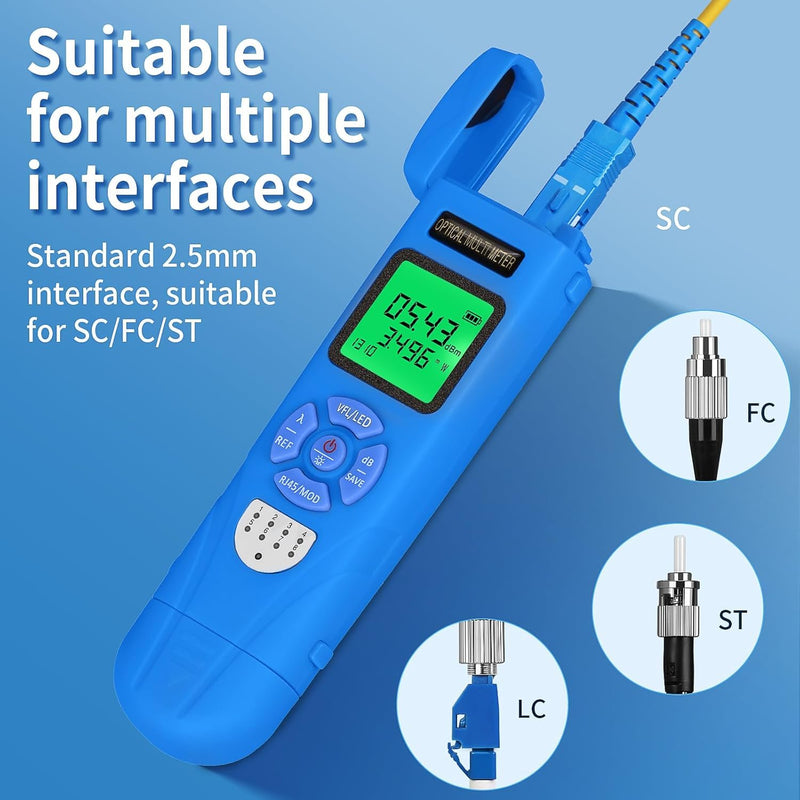 Rechargeable Fiber Optic Power Meter L-C50 (-50 - +26 dBm) Mini Fiber Optic Cable Tester SC/FC/ST 2.5mm Universal Interface, Integrated OPM VFL LED RJ45 Functions, with 1 FC-LC Adapter (OPM-VFL-50) blue L-C50 50 - BeesActive Australia