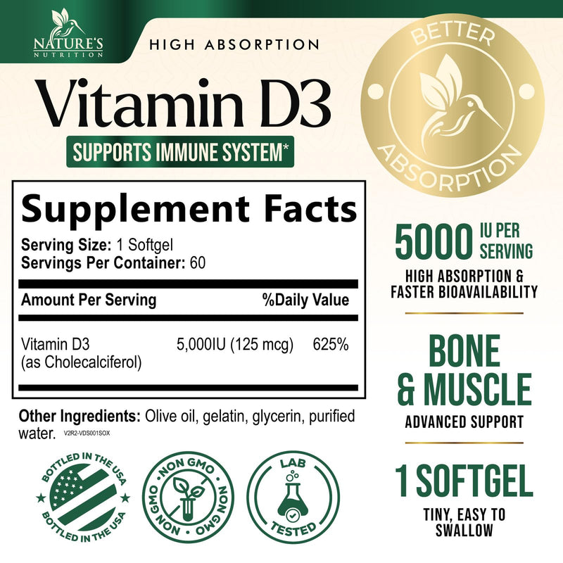 Vitamin D3 5000 IU 125 mcg Per Serving - Extra Strength Vitamin D for Bone Health, Teeth, Muscle & Immune Support - High Absorption D3 Supplement - Non-GMO Gluten Free - USA Bottled - 60 Softgels 60 Count (Pack of 1)