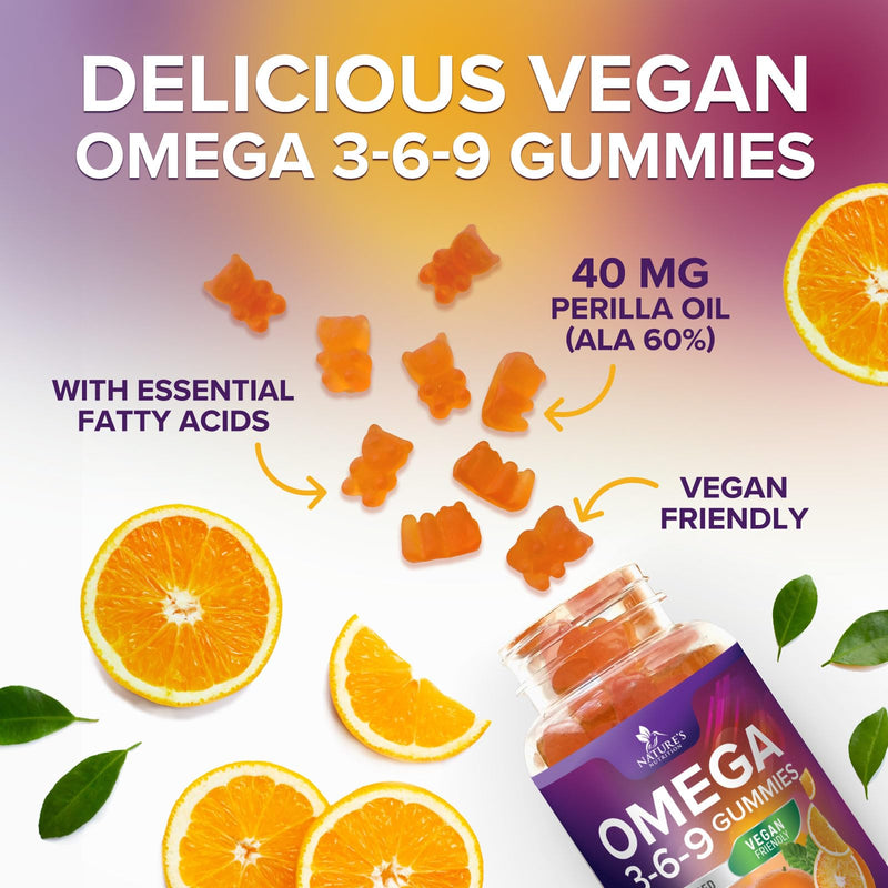 Omega 3 6 9 Gummies - Vegan Omega 3 Supplement Gummy - Essential Fatty Acids Oil 369 Complex Heart Support & Brain Support for Women, Men & Pregnancy, Fish Free Non-GMO, Orange Flavored - 60 Gummies 60 Count (Pack of 1)