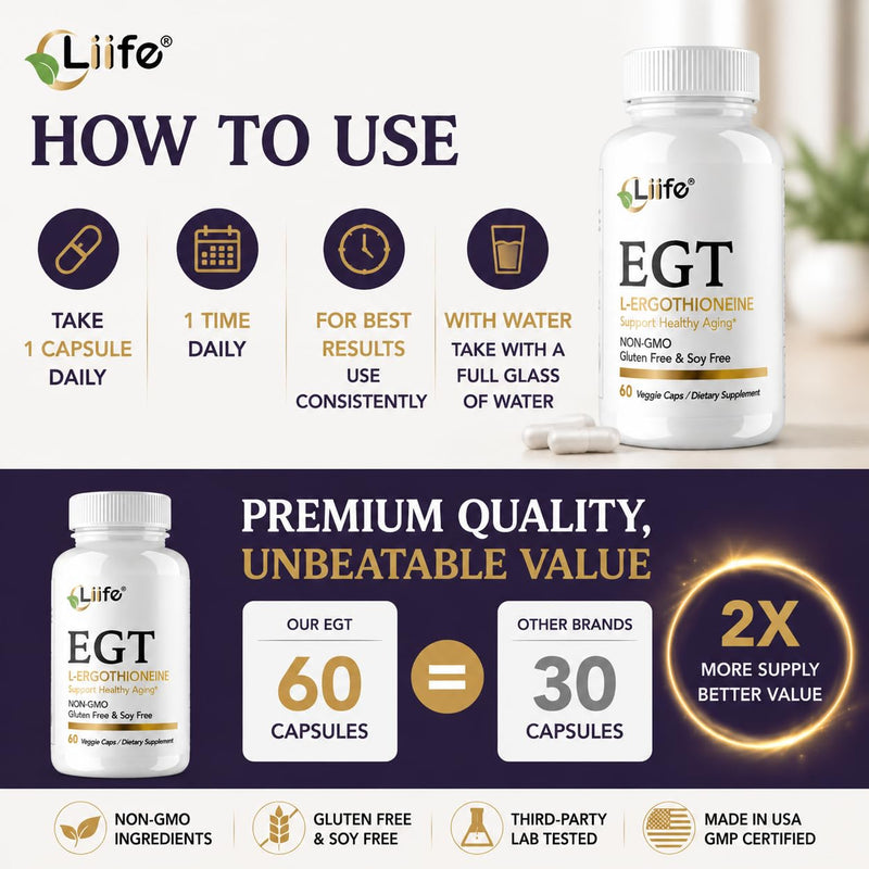 LIIFE L-Ergothioneine (EGT) 30mg Compound Antioxidant | 60 Vegan Capsules | Powerful compound antioxidant, supports healthy aging & longevity, promotes skin health. Non-GMO, Gluten Free, vegan friendly