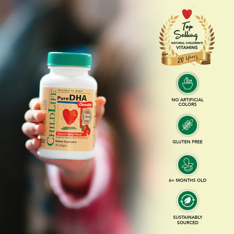 CHILDLIFE ESSENTIALS Pure DHA for Kids, Berry, 90 Softgels (Pack of 2) | Omega 3 Fish Oil Supplement, Children, Babies, Toddlers, Pure DHA Softgel Chewables, Gluten Free, Natural Berry Flavor Strawberry 90 Count (Pack of 2)