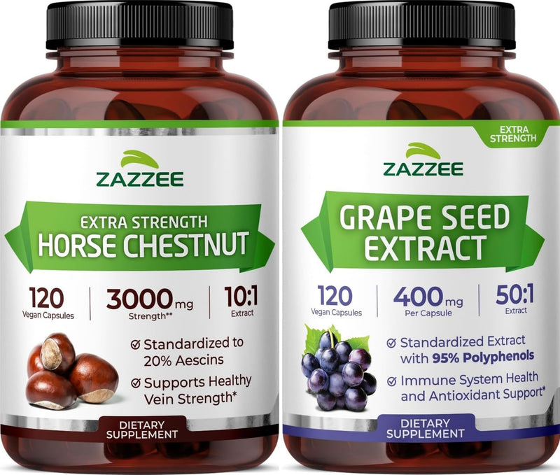 Zazzee Circulatory Support Bundle | 50:1 Grape Seed Extract Plus Extra Strength Horse Chestnut Supplement | Non-GMO Vegan & ISO Lab Tested (120 Servings Each)