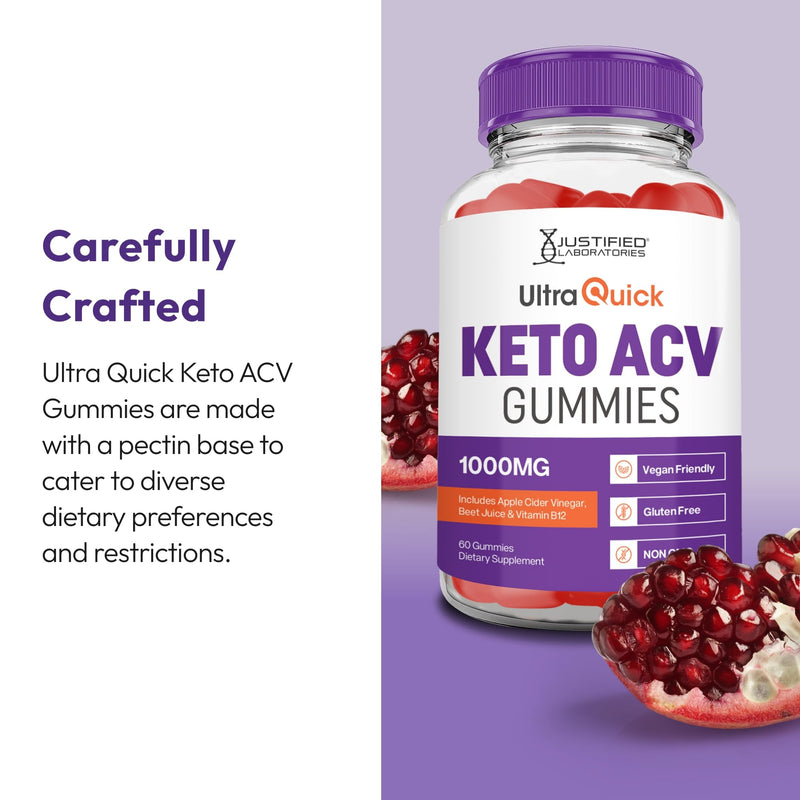 Justified Laboratories Ultra Quick Keto ACV Gummies (1000 mg) - 60 Count - Formulated with Apple Cider Vinegar, Folate & Vitamin B12 - Non-GMO, Vegan, Gluten Free - 30 Servings 60 Count (Pack of 1)