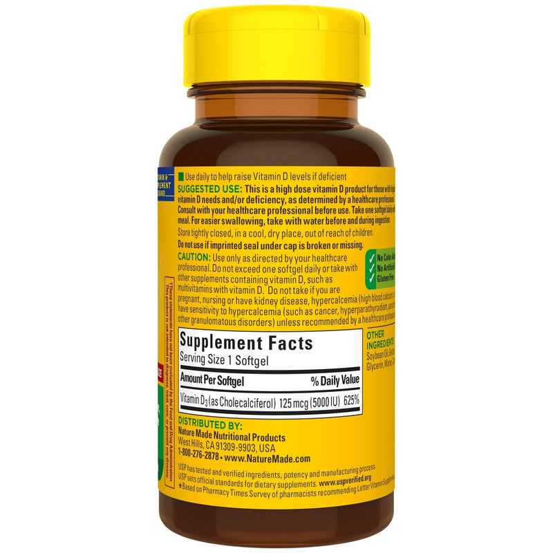 Nature Made Extra Strength Vitamin D3 5000 IU (125 mcg), Dietary Supplement for Bone, Teeth, Muscle and Immune Health Support, 180 Softgels, 180 Day Supply 180 Count (Pack of 1) - BeesActive Australia
