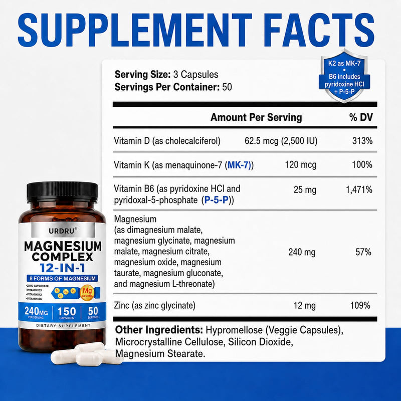 12-in-1 Magnesium Complex Supplement, 8 Forms with Vitamins D3, K2, B6 and Zinc Glycinate, 240 mg per Serving, 150 Veggie Capsules (1 Pack) 1