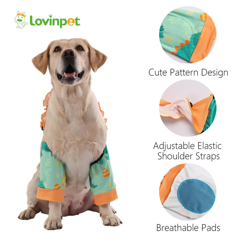 LovinPet Front Leg Sleeves for Medium and Large Dogs, 4-Way Stretch Elbow Protection, Anti-Lick Recovery, Warmth and Callus Prevention, Pair, Dinosaur Print, Orange Green,XXL Green Orange XX-Large