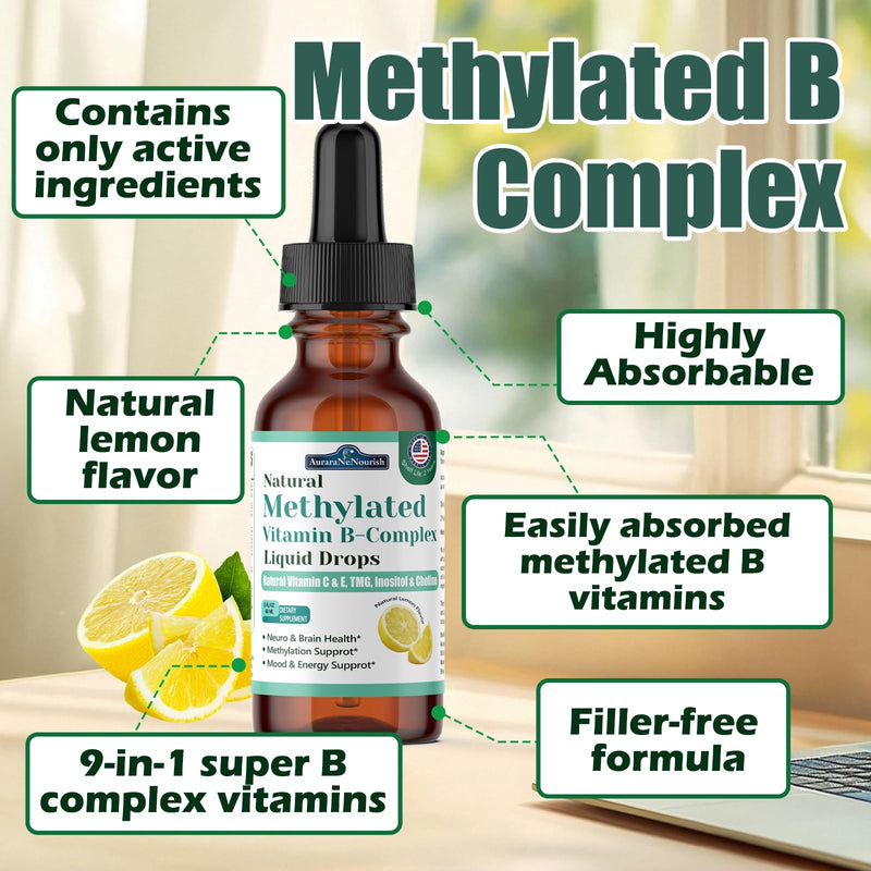 2 Pack Methylated B Complex Liquid, 9-in-1 Methyl B Vitamin w. Methylfolate 5-MTHF Inositol Choline Riboflavin TMG & Methyl B12 Vitamin C E, Super B Complex Multivitamin for Energy Mood & Brain Health Lemon 2 Fl Oz (Pack of 2)