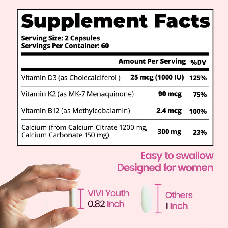 Calcium Supplements for Women - Calcium 1200 mg with Vitamin D3 | 4-In-1 High Absorption Calcium Citrate with Vitamin D3 K2 & B12 for Bone Density & Strength - Non-GMO, 120 Vegan Capsules