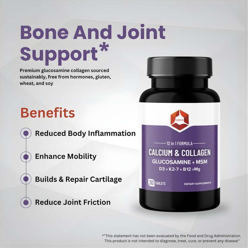 12-in-1 Calcium & Collagen Supplement – Glucosamine, MSM, D3, K2-7, B12, Magnesium – 30 Tablets – Non-GMO, Gluten-Free, Soy-Free