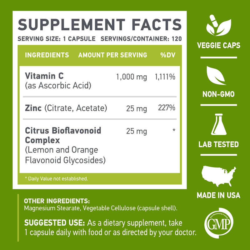 | Vitamin C + ZINC | C - 1000 | VIT C 1000mg | Zinc 25mg | Citrus Bioflavonoids 25mg | Non-GMO & Gluten Free | 120 Capsules