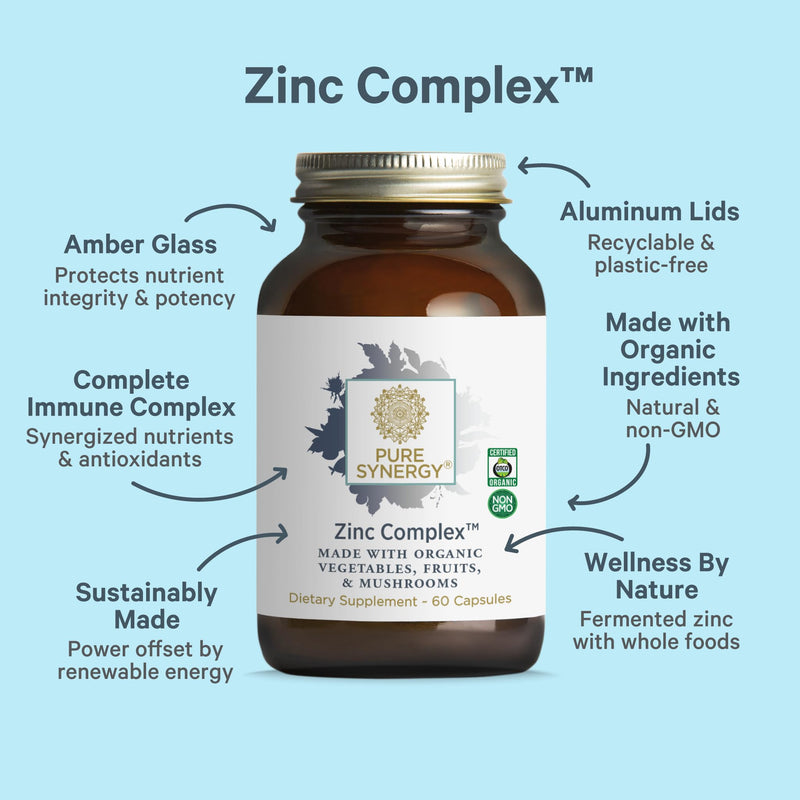 PURE SYNERGY Zinc Complex Immune Support Supplement (60 Capsules) | Natural, Vegan Zinc Complex with Vitamin C, Organic Whole Foods, For Immune, Brain, & Skin Health