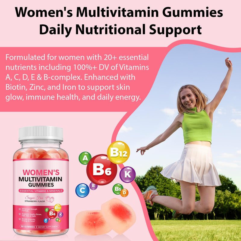Sugar-Free Women's Multivitamin Gummies – with Inositol, Iron, Biotin for Energy, Hair, Skin & Nails – Vegan, Non-GMO, Gluten-Free, Keto Friendly – 60 Gummies (30 Day Supply)