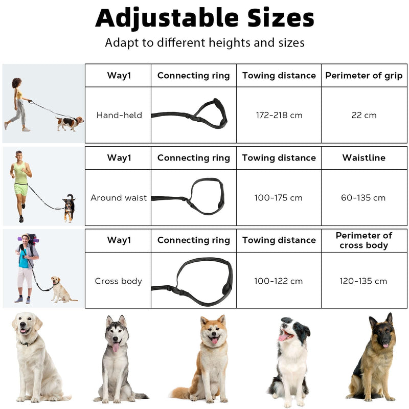 Hands Free Dog Leash, Waist Leash for 2 Dogs, Adjustable Double Hands Free Lead with Detachable Waist Belt, Padded Handles, Shock Absorbing Bungee for Walking Jogging Hiking, Black+Gray 6.9ft