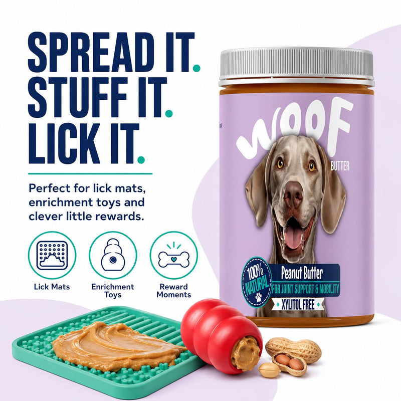 Joint Support Dog Peanut Butter | Xylitol Free Peanut Butter for Dogs | Lick Mats & Enrichment Toys | Woof Butter | 400g