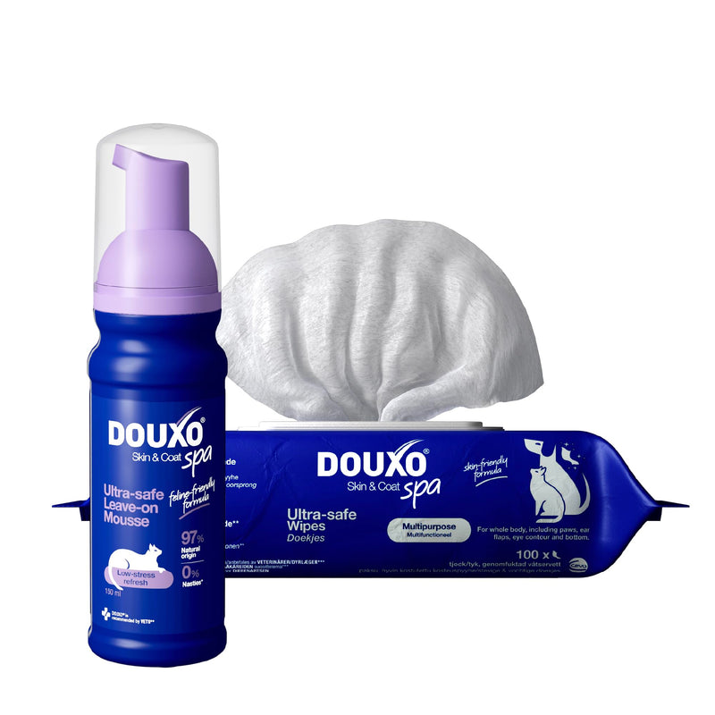 DOUXO Spa Complete Cat Bundle – No-Rinse Mousse & Wipes for for Stress-Free, Waterless Skincare - 97% Natural Ingredients, No Nasties