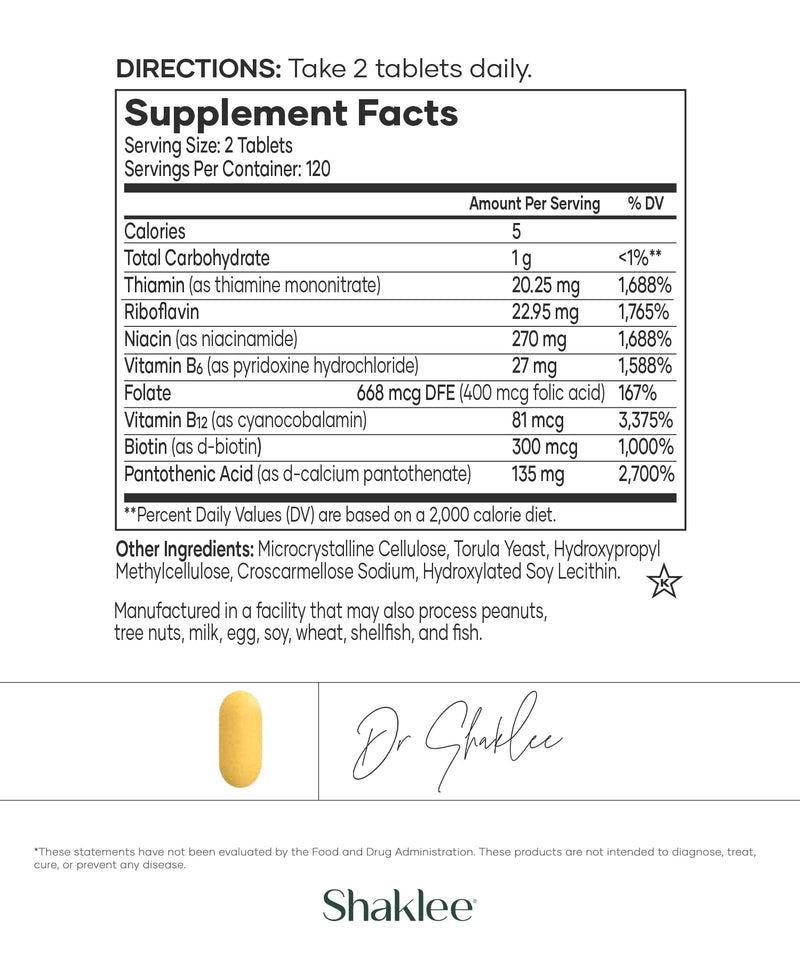 Shaklee - B-Complex - Bioactivated B Vitamins - 240 Tablets | Features Shaklee's Bioactivated Absorption System™, Includes niacin, biotin, folic acid, and vitamins B1, B2, B6, and B12