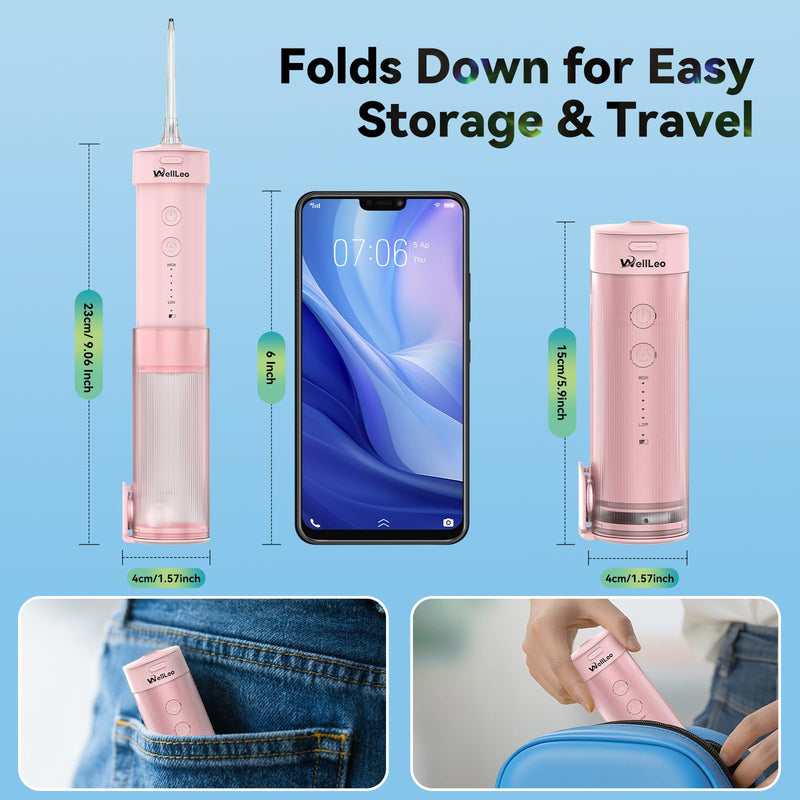 Mini Water Flosser for Teeth,Travel Dental Flosser Picks, Portable Oral Irrigator with Telescopic Water Tank, 5 Modes IPX7 Waterproof Tooth Flosser for Brace, Sensitive Teeth, with Storage Bag Pink