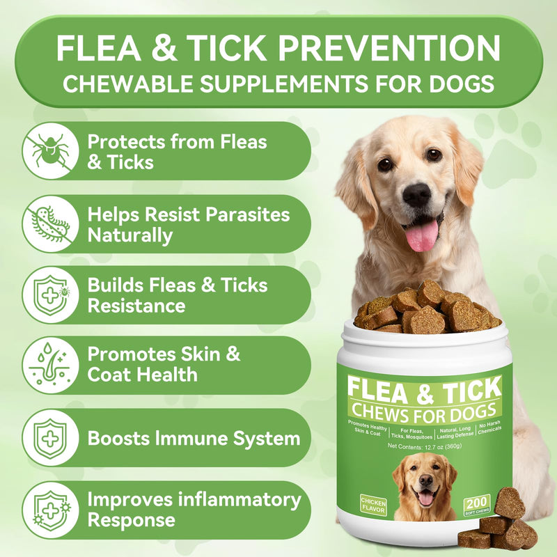 Dog Flea and Tick Chewables for Dogs 200Ct, Natural Support Supplement, Flea Supplement for Dogs, Flea and Tick Chews for Dogs Puppies, All Breeds & Sizes, Digestive Health Chicken Flavor