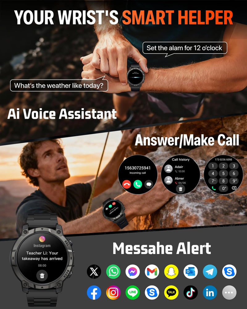 Smart Watch for Men Fitness Tracker: Military Make Answer Call LED Digital Mens Watches Waterproof Smartwatch Android Phone iPhone Samsung Compatible Sleep SpO2 Heart Rate Monitor Step Pedometer 1.39 Classic Black - BeesActive Australia
