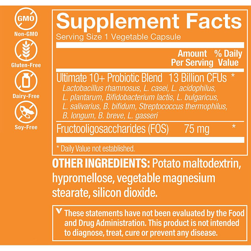 The Vitamin Shoppe Ultimate 10+ Probiotics 13 Billion CFU - 10 Probiotic Strains for Digestive Health, Immune & Gut Support (30 Vegetable Capsule) 1 Count (Pack of 1)