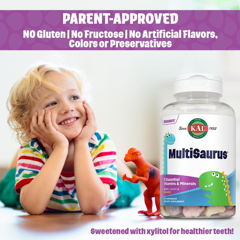 KAL MultiSaurus Kids Chewable Multivitamins, 11 Essential Vitamins and Minerals for Kids, Berry, Grape, Orange Chewables, Gluten and Fructose Free, 90 Servings, 90 Dinosaur-Shaped Chewables | Mixed Berry Dinosaur Chewables, Daily Multivitamin for Child...