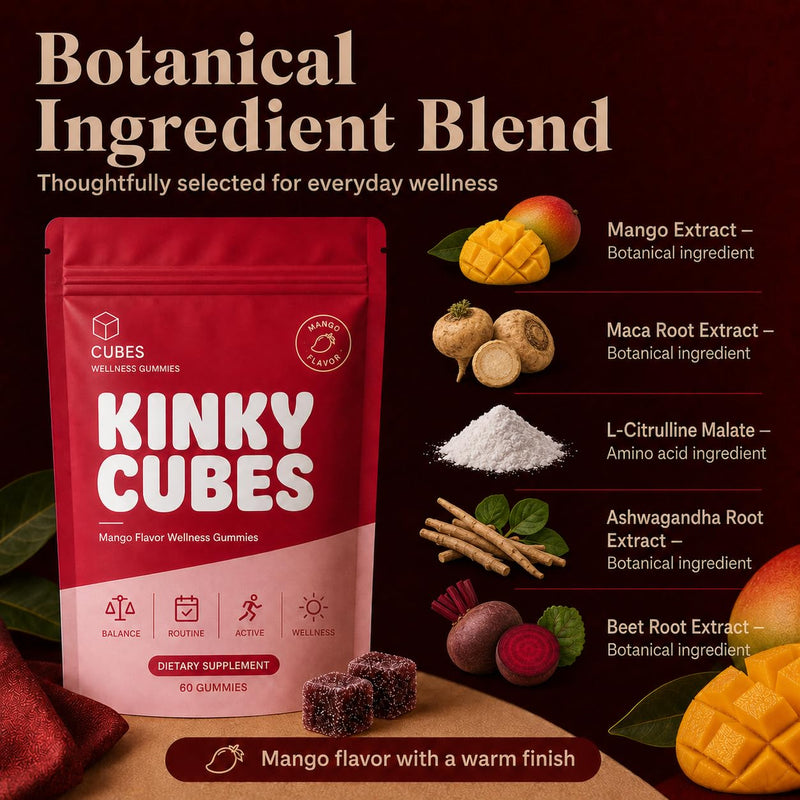 Kinky Cubes Gummies, Boost Mood,Hot Mango 60 Gummies | Mango Extract Blend • Vitamin & Mineral Supplements • Daily Wellness • Easy-to-Take