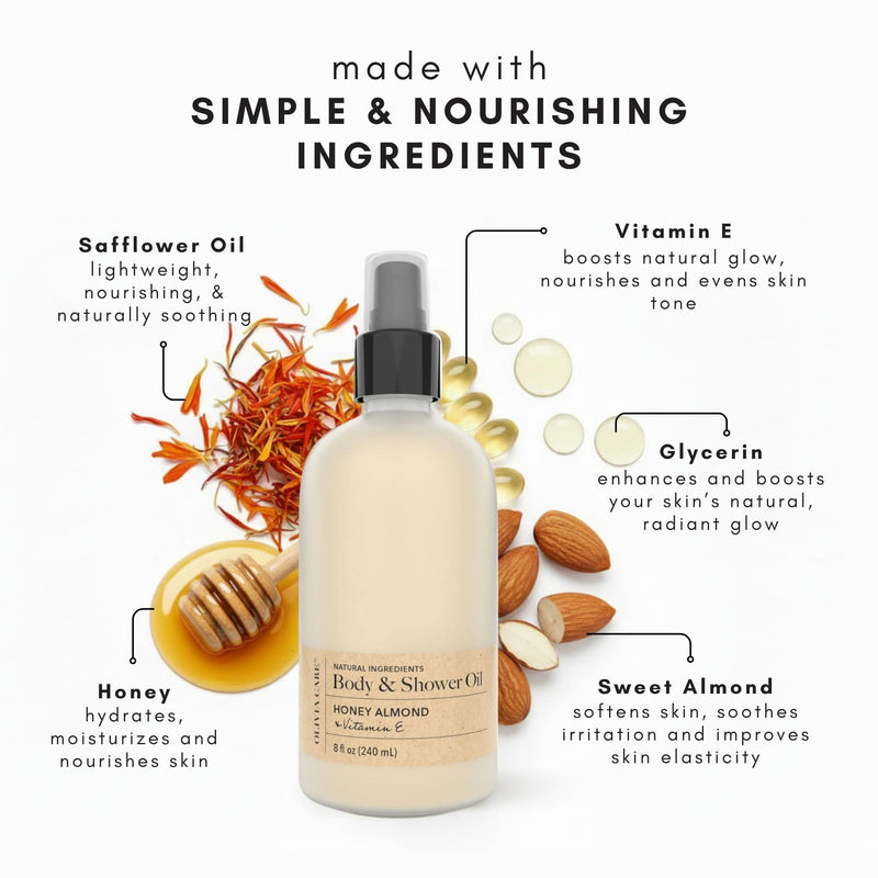 Olivia Care Honey Almond Body & Shower Oil with Vitamin E – Nourishing Moisturizing Oil, 8 fl oz