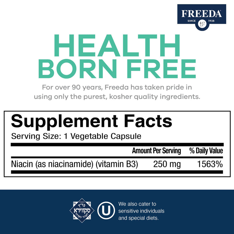 FREEDA 250mg Niacinamide & Vitamin B3 Supplement - 500 Capsules | Vegetarian Niacinamide Supplement with No-Flush Formula - Supporting Skin Health & Energy Metabolism