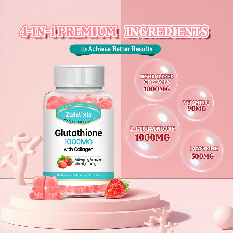 2 Pack Glutathione Collagen Gummies, Collagen Gummies with Vitamin C, Glutathione Supplement for Women, Hair Skin Nails Muscle & Joint, Anti-Aging, Vegan, Sugar Free, Strawberry Flavor, 120 Count Glutathione Strawberry 60 Count (Pack of 2)