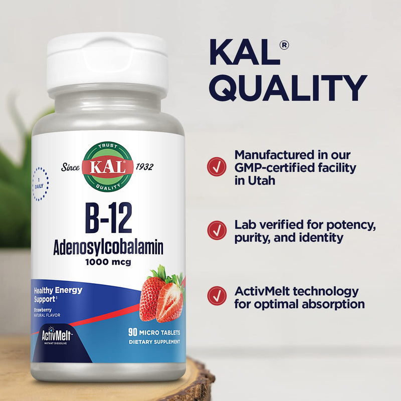 KAL Vitamin B12 Adenosylcobalamin 1000 mcg, 90 ActiveMelt Micro Tablets | B 12 Vitamin, Active B-12 1000mcg for Women & Men, Energy Support - Strawberry Flavor 90 Count (Pack of 1)
