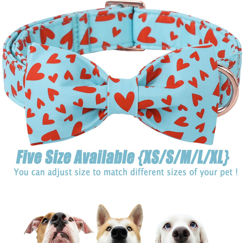 Valentine's Day Dog Collar with Bow - Red Heart Pattern Blue Bowtie Dog Collar Adjustable Heavy Duty Valentines Dog Collars for Small Medium Large Dogs XL B-Blue Red Heart-L - BeesActive Australia