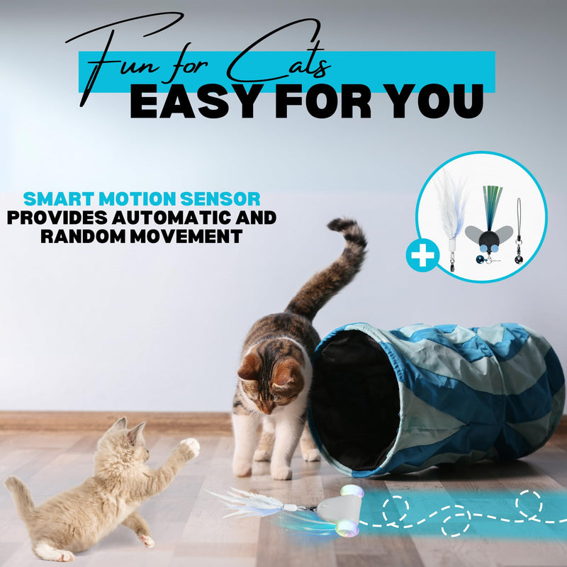 Rolling Rover – Interactive Cat Toy with RGB Wheels, Automatic Moving Mouse-Shaped Design, Feather Butterfly and Bell Attachments, Smart Motion Activated for Indoor Cats & Kittens (Blue) Blue - BeesActive Australia