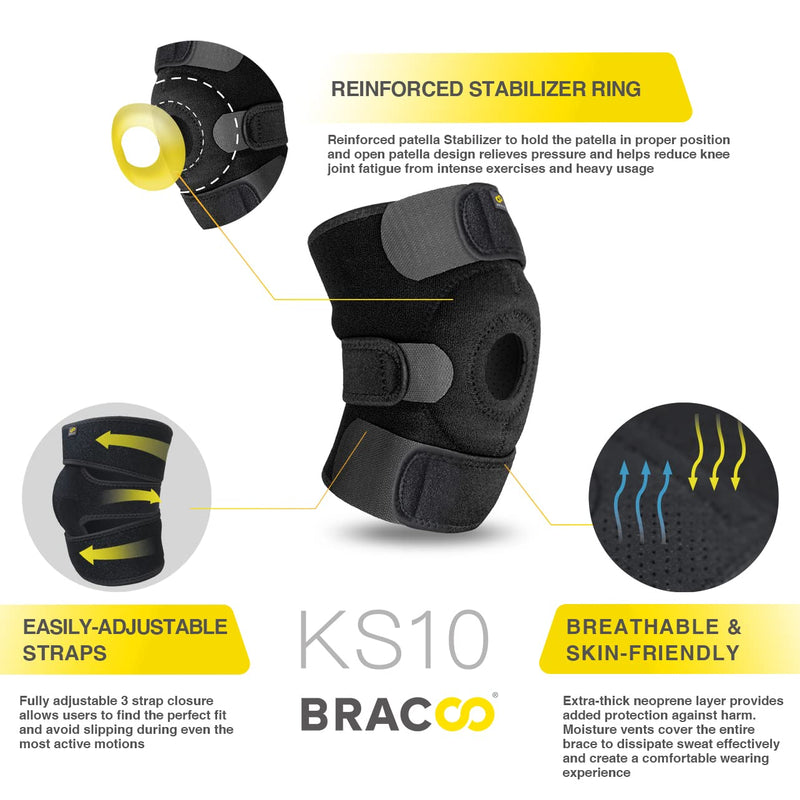 Bracoo Knee Support Brace for Men Women, Adjustable Compression Sleeve Wrap Patellar Pad Tendon - Arthritis Pain, meniscus tear, Injury Recovery, Running, Workout, KS10 Black 1 Count (Pack of 1) - BeesActive Australia