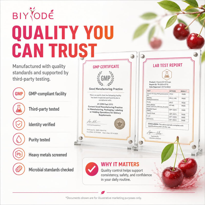 Vitamin B12 5000 mcg Liquid Drops All Natural Plant Superfood Healthy Energy Brain Booster Neuron Support Nervous System Natural Energy Mood Memory 60ml Net Wt Cherry Flavor
