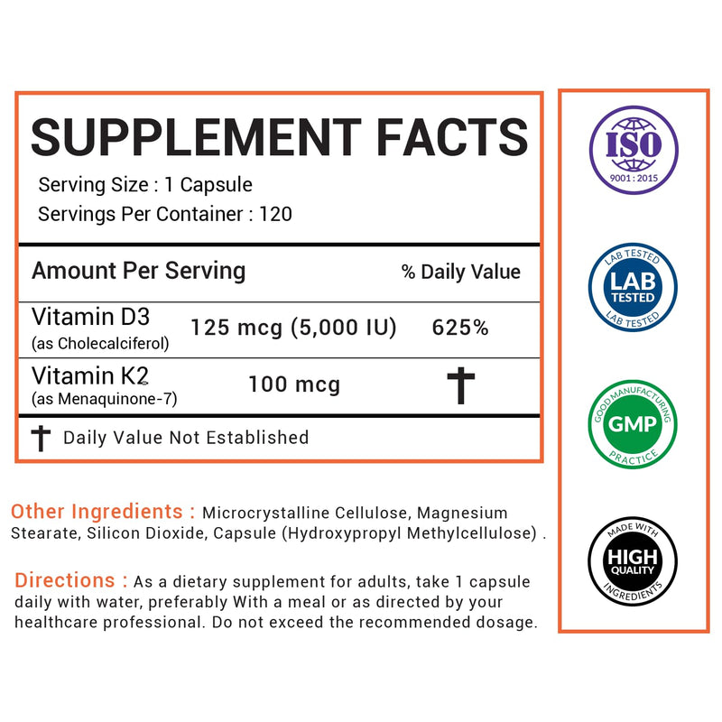 Vitamin D3 K2 5000 IU Supplement, Enhanced Bone, Heart & Immune Support - Supports Calcium Absorption, Non-GMO, Gluten-Free 100mcg K2-120 Veg Capsules